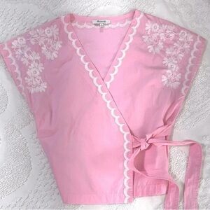 Madewell Pink Cap Sleeve Embroidered Wrap Blouse